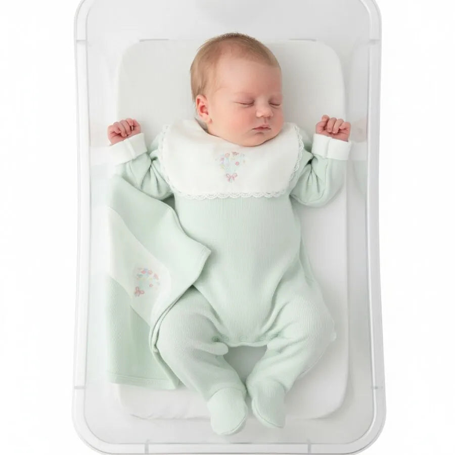 bebê dormindo com a saída maternidade ramalhete verde malva, macacão e manta com bordado floral delicado no peitinho