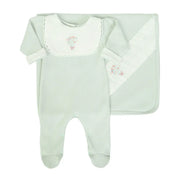 saída maternidade ramalhete verde malva composta por macacão e manta com bordado floral colorido e laço delicado