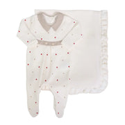 Conjunto Saída Maternidade Theo bege off-white: macacão com detalhes bege, poás coloridos e manta off-white com babados