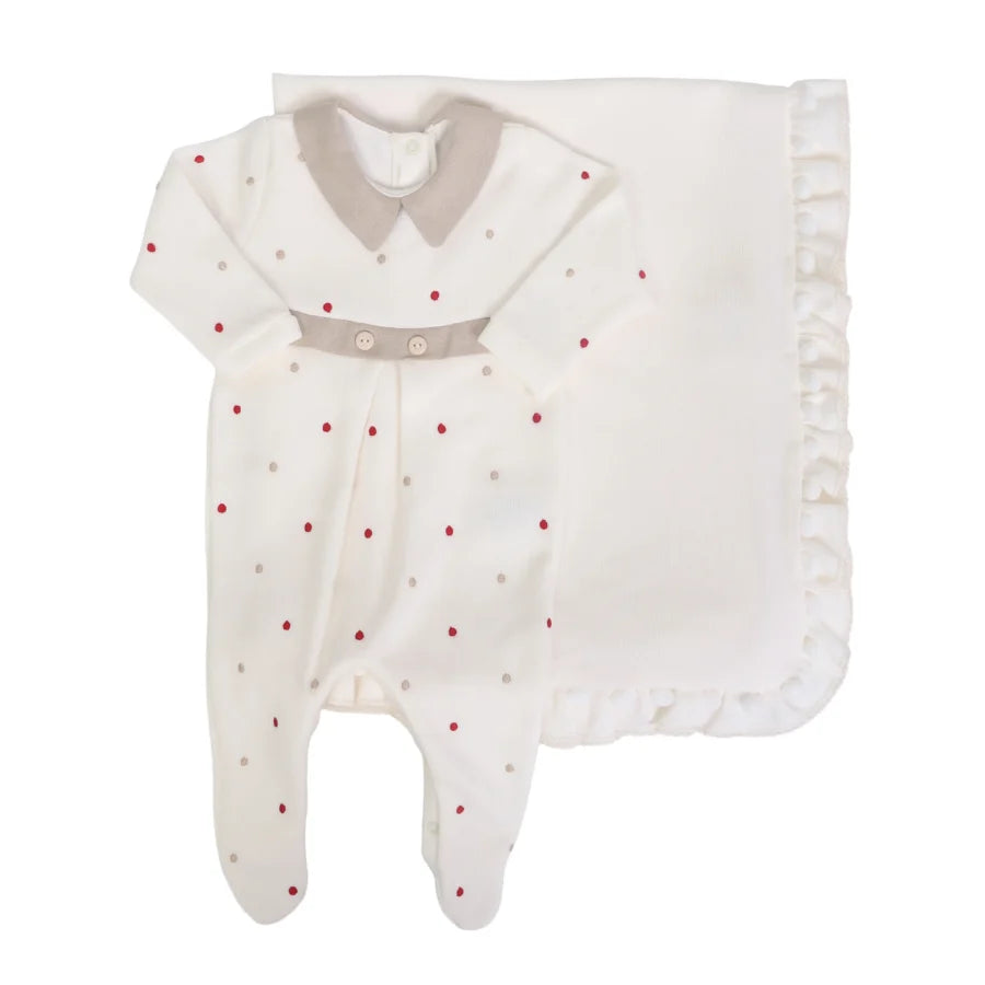 Conjunto Saída Maternidade Theo bege off-white: macacão com detalhes bege, poás coloridos e manta off-white com babados