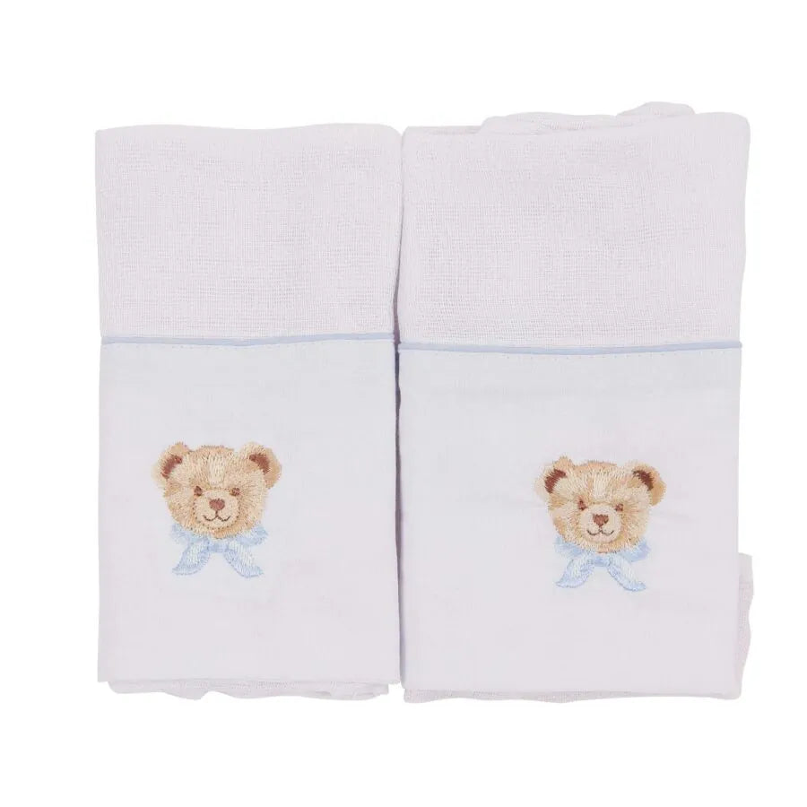 saída maternidade ursolino azul bebê, com body e macacão canelado, bordados de ursinhos na gola e toalhinhas