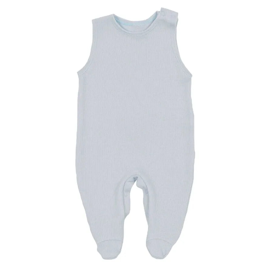 saída maternidade ursolino azul bebê, com body e macacão canelado, bordados de ursinhos na gola e toalhinhas