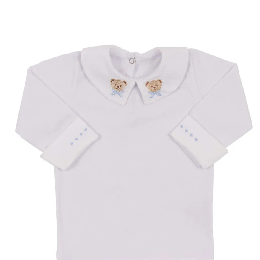 saída maternidade ursolino azul bebê, com body e macacão canelado, bordados de ursinhos na gola e toalhinhas