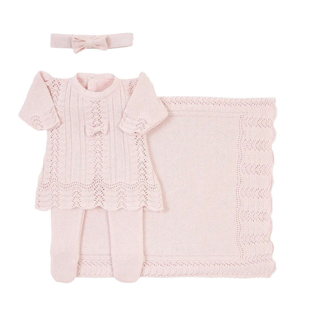 conjunto completo de saída maternidade rosa bebê: vestido, calça, manta e faixa de cabelo com laço