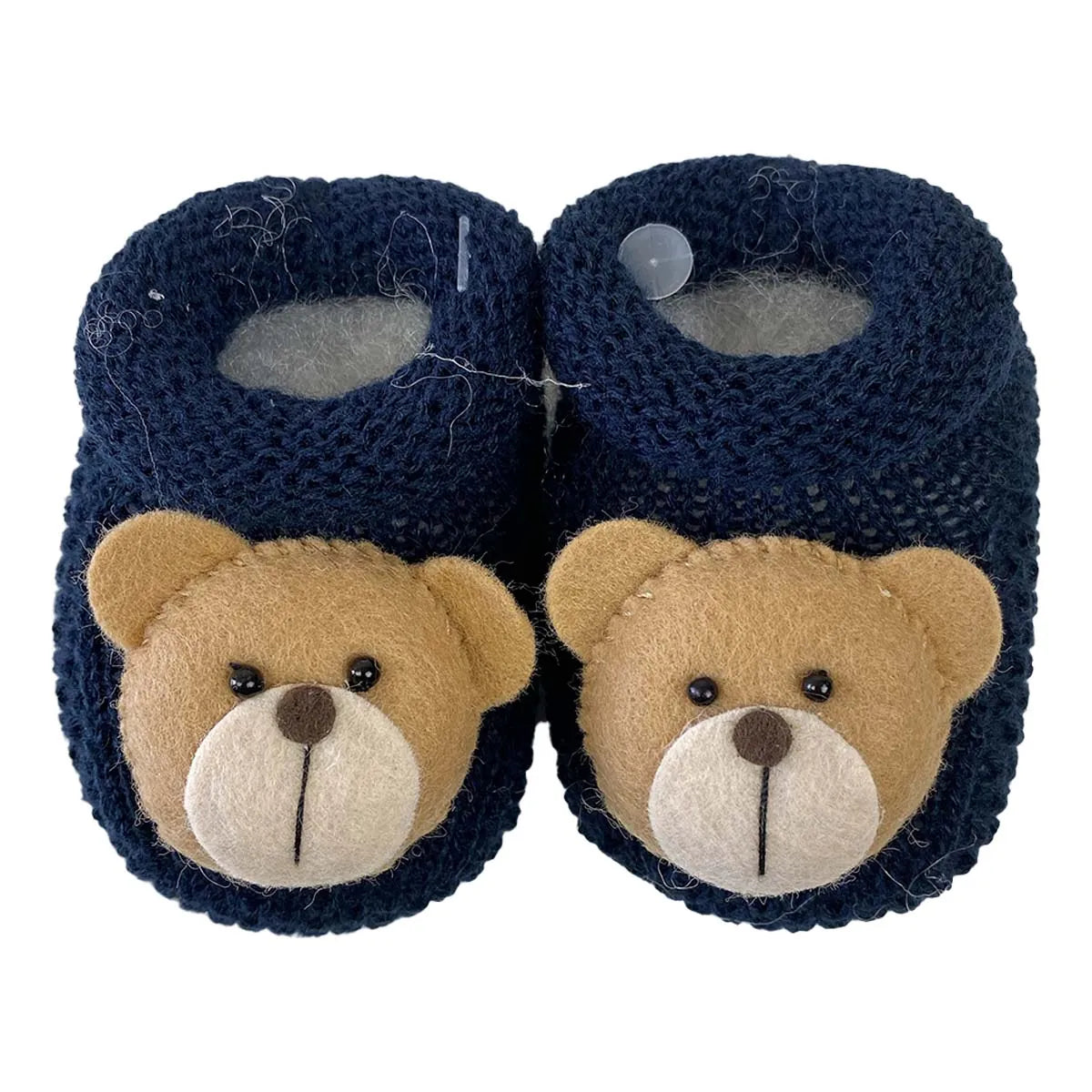 sapatinho ursinho azul marinho em tricô com aplique frontal de carinha de urso em feltro bege e marrom