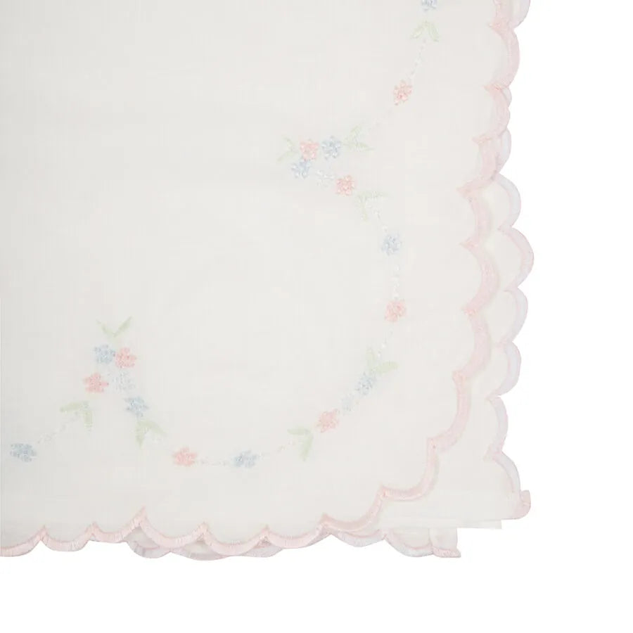 vira manta branca com bordado floral rosa e azul em formato de guirlanda e babado com borda ondulada