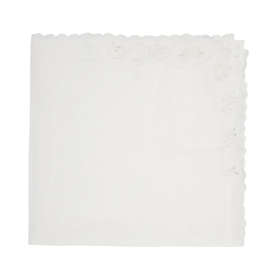 vira manta rechilieu branca com bordado em relevo e bordas recortadas no canto superior direito